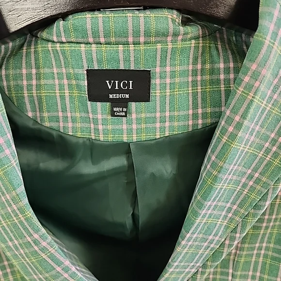 Vici Green Pink Plaid Mid Length Blazer Jacket One Button Medium - Picture 6 of 12